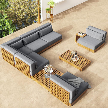 9 Pieces Teak Modular Outdoor Patio Sectional Sofa Set with Coffee Table and Cushion